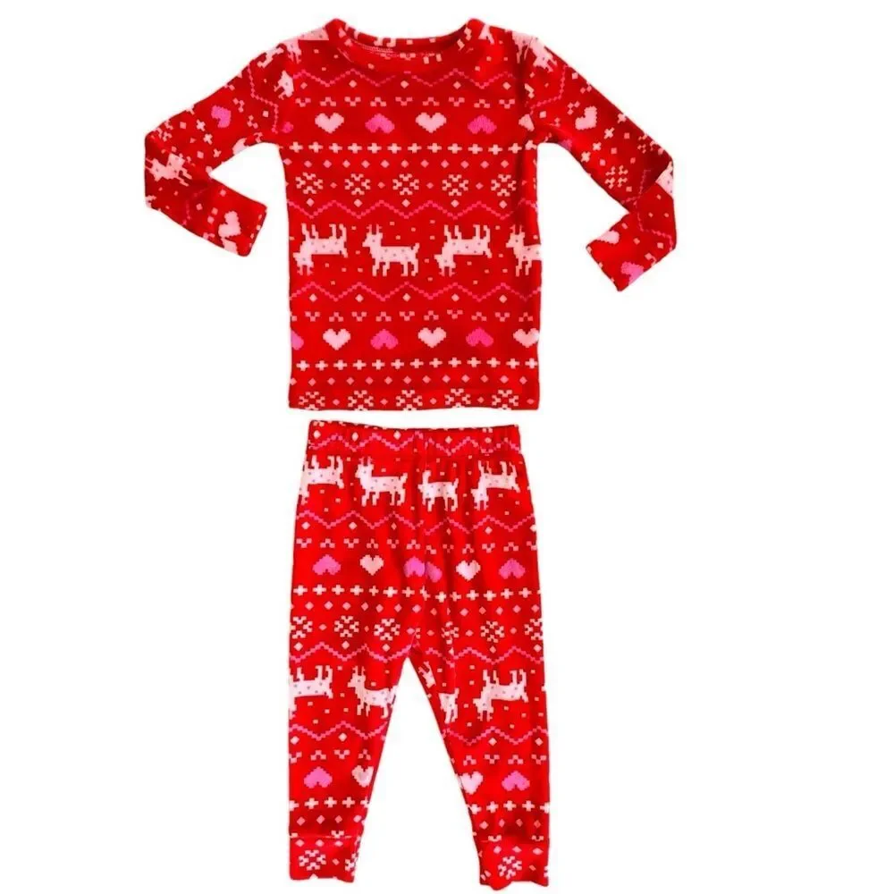 Cat & Jack Toddler Kids Long Sleeve Red Fair Isle Fleece Pajamas. 18 Months.